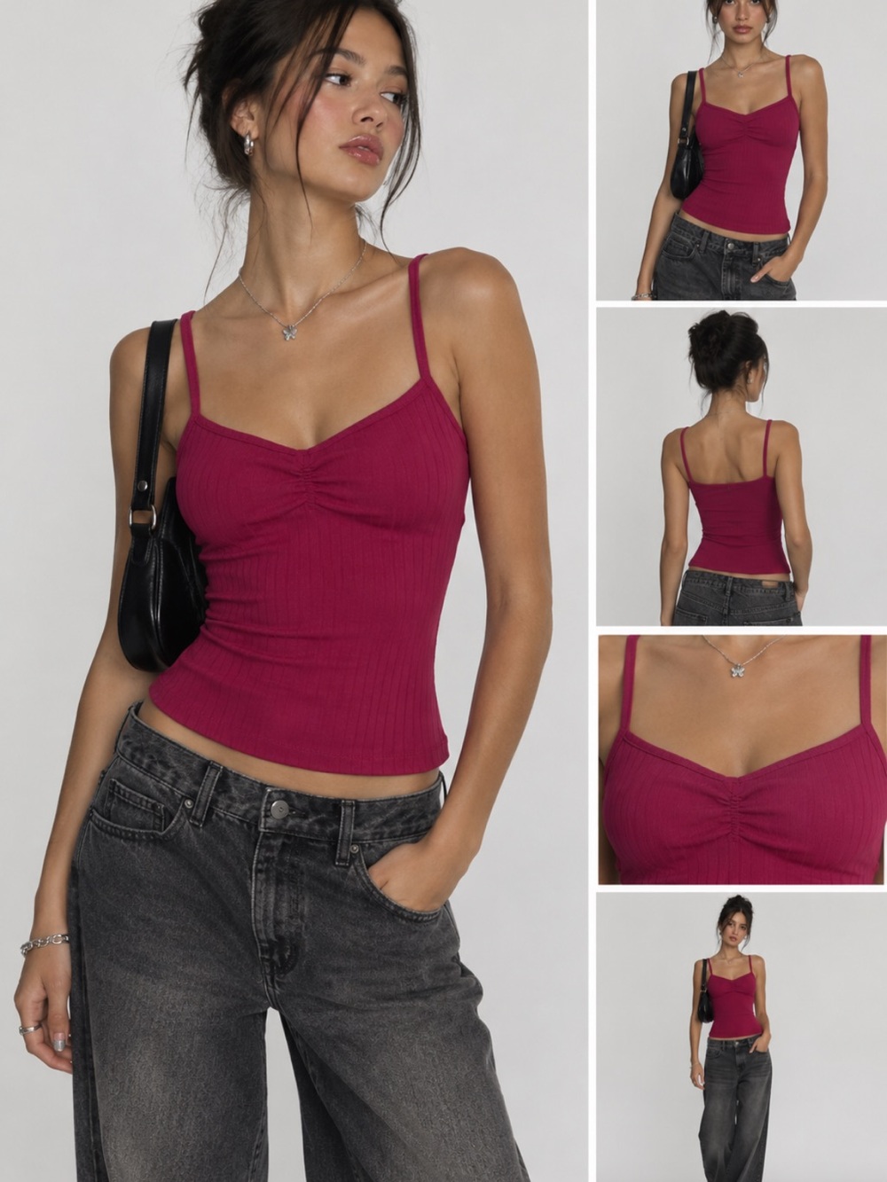 Slim Ribbed Spaghetti Strap Camisole - Magenta